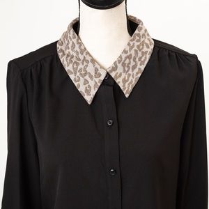 Black blouse with animal print point collar jacquard Susan Graver 14